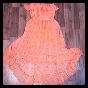 Orange Hi-Lo Strapless Midi Dress